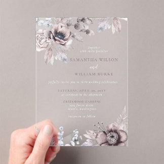 Rustic Navy Mauve Floral Botanical Wedding Acrylic Invitations