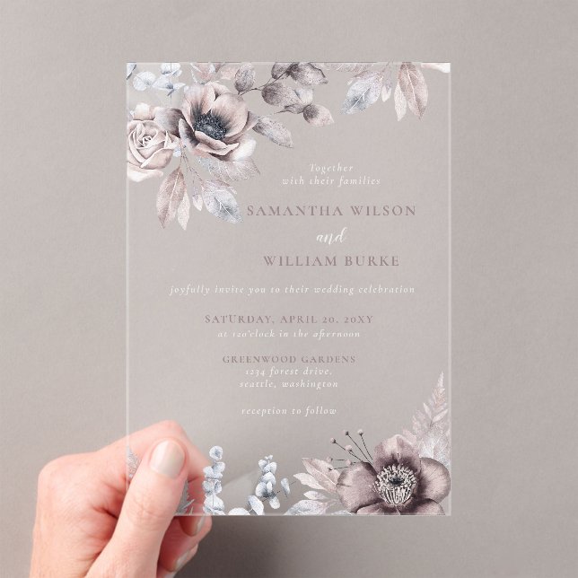 Rustic Navy Mauve Floral Botanical Wedding Acrylic Invitations (Insitu (Handheld))