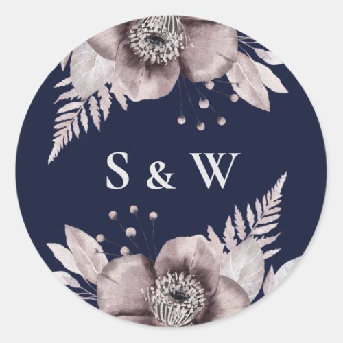 Rustic Navy Mauve Floral Botanical Wedding Classic Round Sticker