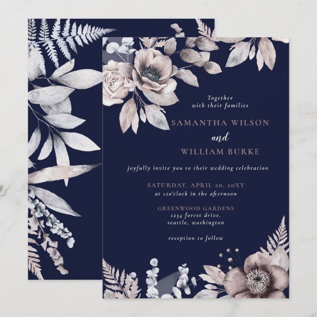 Rustic Navy Mauve Floral Botanical Wedding Invitation (Front/Back)