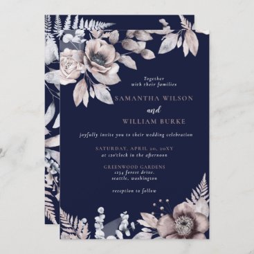 Rustic Navy Mauve Floral Botanical Wedding Invitation