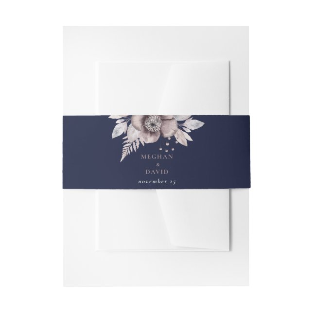 Rustic Navy Mauve Floral Botanical Wedding Invitation Belly Band (Front Example)