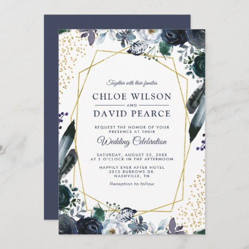 Rustic Navy Peony Gold Geometric Frame Wedding Invitation - Elegant navy wedding invitations featuring a trendy white background that can be changed to any color, rustic boho blue watercolor flowers, a gold geometric frame, gold glitter, and a modern wedding template.