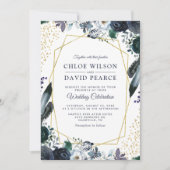 Rustic Navy Peony Gold Geometric Frame Wedding Invitation (Front)