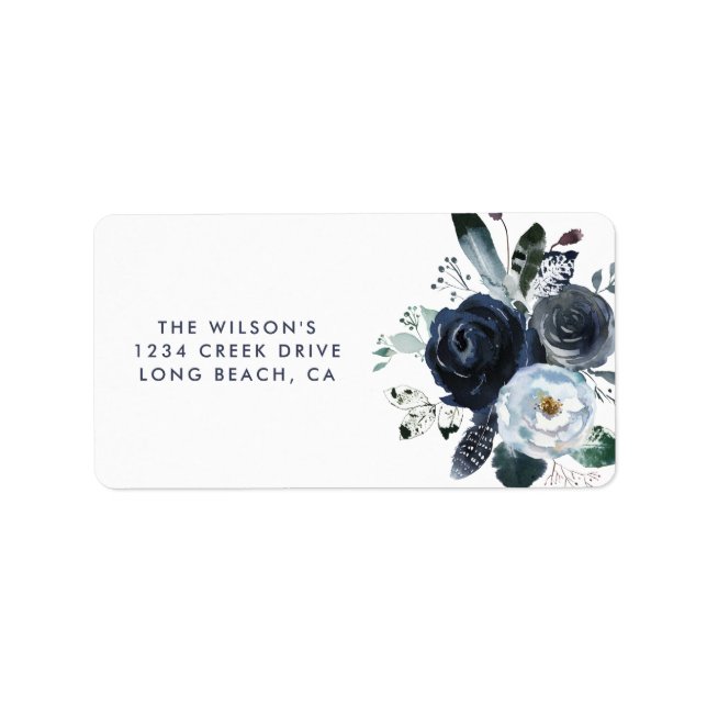Rustic Navy Peony Watercolor Flowers Label (Front)