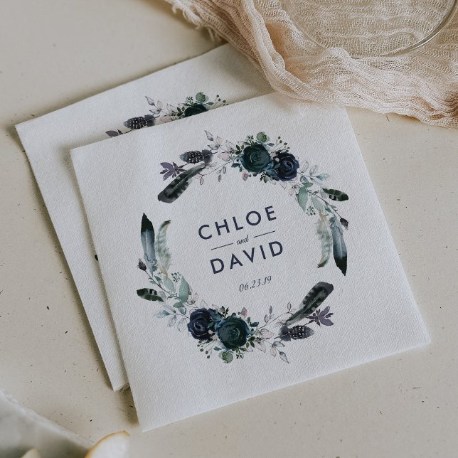 Rustic Navy Peony Watercolor Personalized Wedding Napkins (Creator Uploaded)