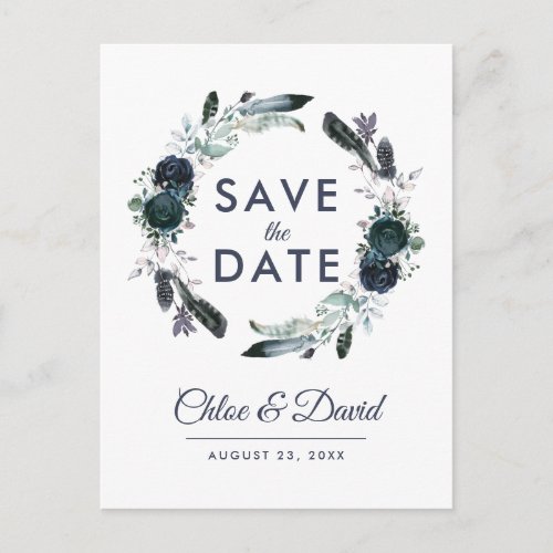 Rustic Navy Peony Watercolor Save the Date Announcement Postcard - Elegant navy wedding save the date cards featuring a trendy white background that can be changed to any color, rustic boho blue watercolor flowers, and modern save the date template. You will find matching items further down the page, if however you can't find what you looking for please contact me.