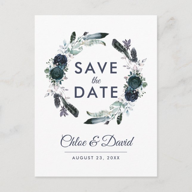 Rustic Navy Peony Watercolor Save the Date Announcement Postcard (Front)