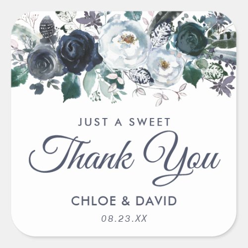 Rustic Navy Peony Watercolor Wedding Favor Square Sticker - Elegant navy wedding favor stickers featuring a trendy white background that can be changed to any color, rustic boho blue watercolor flowers, and a modern sweet thank you template.