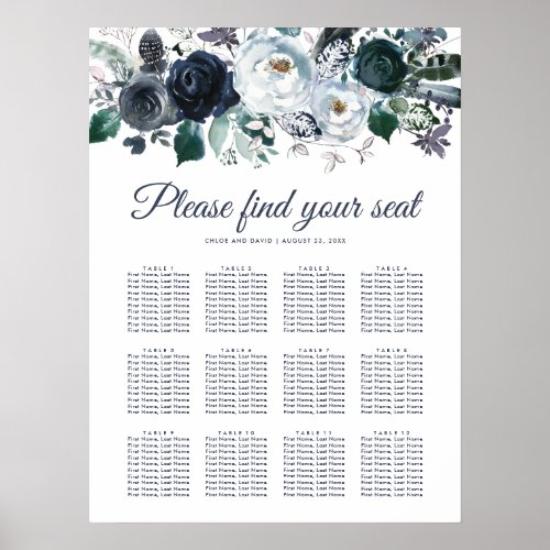 Rustic Navy Peony Wedding 12 Table Seating Chart - Elegant navy wedding table plan featuring a classic white background that can be changed to any color, rustic boho blue watercolor flowers, and a modern wedding seating chart template of 12 tables.