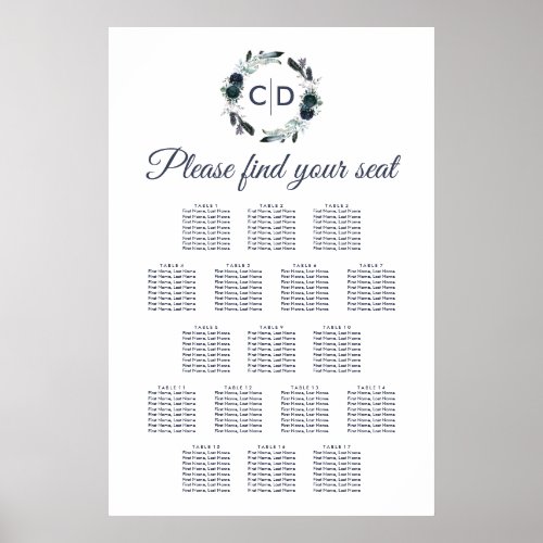 Rustic Navy Peony Wedding 17 Table Seating Chart - Elegant navy wedding table plan featuring a classic white background that can be changed to any color, rustic boho blue watercolor floral wreath with your initials, and a modern wedding seating chart template of 17 tables.