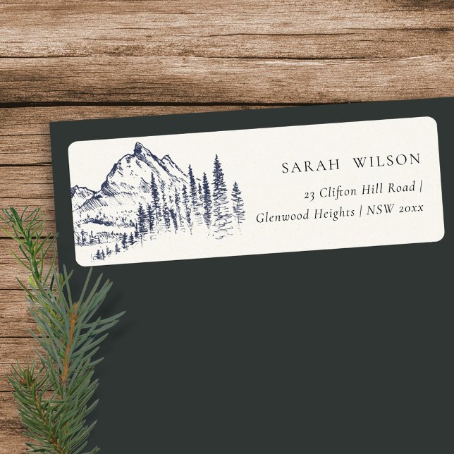 Rustic Navy Pine Woods Mountain Sketch Address Label (Creator Uploaded)