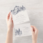 Rustic Navy Pine Woods Mountain Sketch Wedding All In One Invitation (Tearaway)