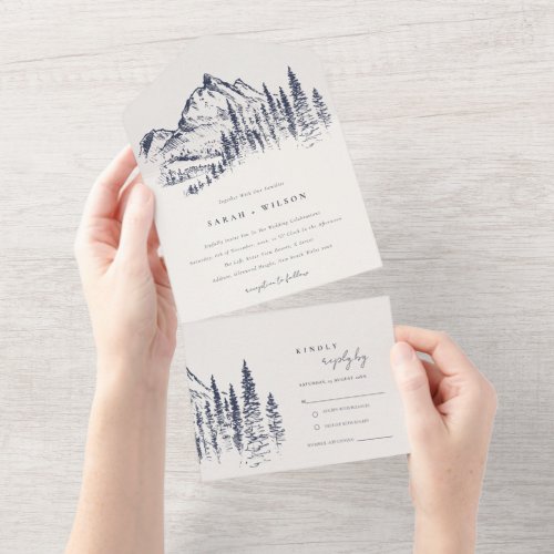 Rustic Navy Pine Woods Mountain Sketch Wedding