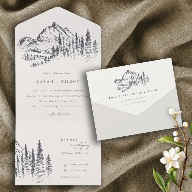 Rustic Navy Pine Woods Mountain Sketch Wedding All In One Invitation