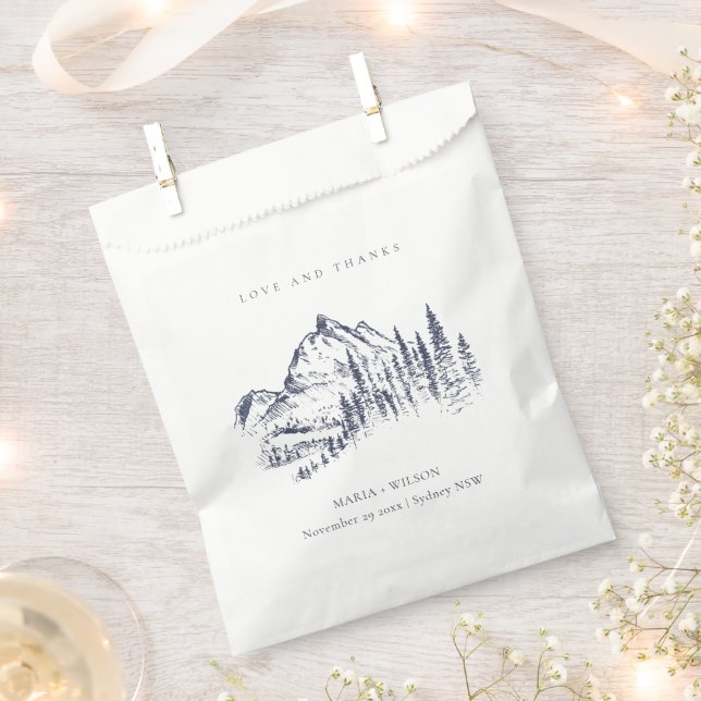 Rustic Navy Pine Woods Mountain Sketch Wedding Favor Bag (Clipped)