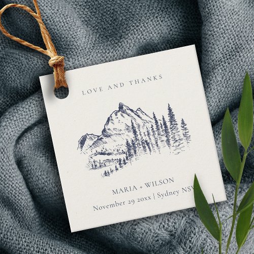Rustic Navy Pine Woods Mountain Sketch Wedding Favor Tags
