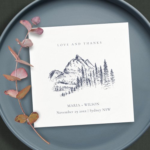 Rustic Navy Pine Woods Mountain Sketch Wedding Napkins