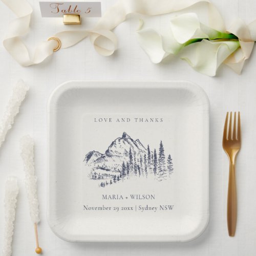 Rustic Navy Pine Woods Mountain Sketch Wedding Paper Plates