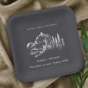 Rustic Navy Pine Woods Mountain Sketch Wedding Paper Plates