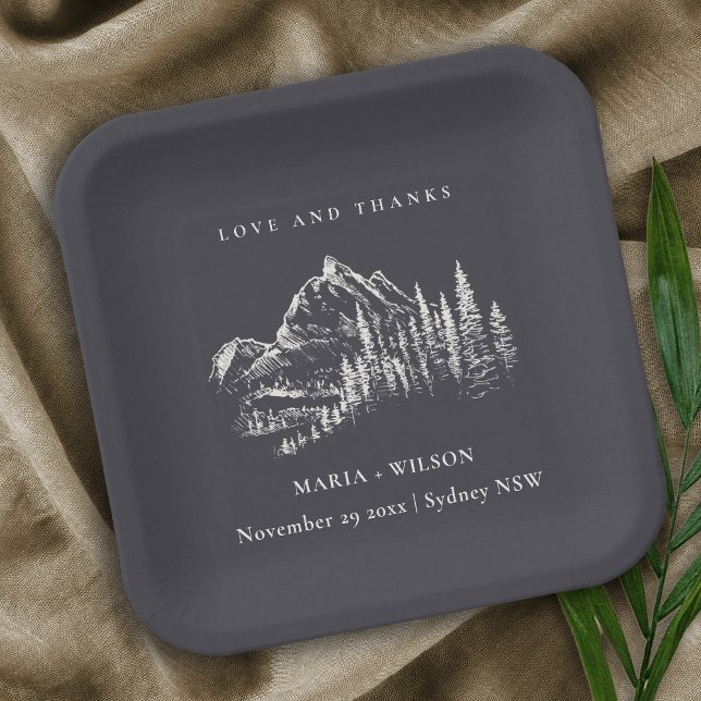 Rustic Navy Pine Woods Mountain Sketch Wedding Paper Plates (Creator Uploaded)
