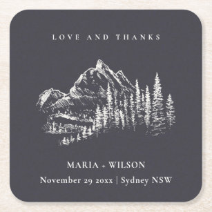 Rustic Navy Pine Woods Mountain Sketch Wedding Square Paper Coaster