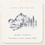 Rustic Navy Pine Woods Mountain Sketch Wedding Square Paper Coaster<br><div class="desc">For any further customisation or any other matching items,  please feel free to contact me at yellowfebstudio@gmail.com</div>
