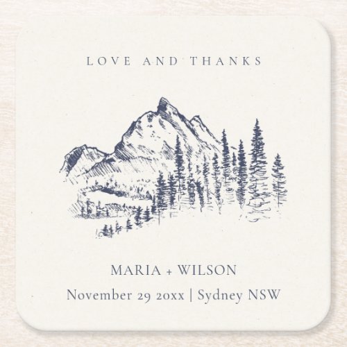 Rustic Navy Pine Woods Mountain Sketch Wedding Square Paper Coaster