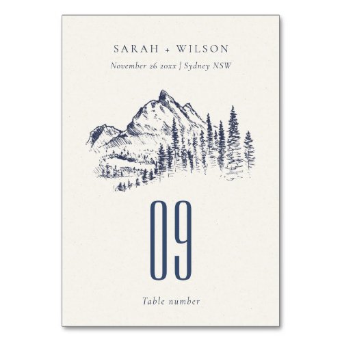 Rustic Navy Pine Woods Mountain Sketch Wedding Table Number