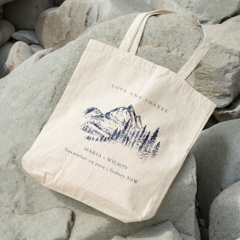 Rustic Navy Pine Woods Mountain Sketch Wedding Tote Bag by YellowFebPaperie at Zazzle