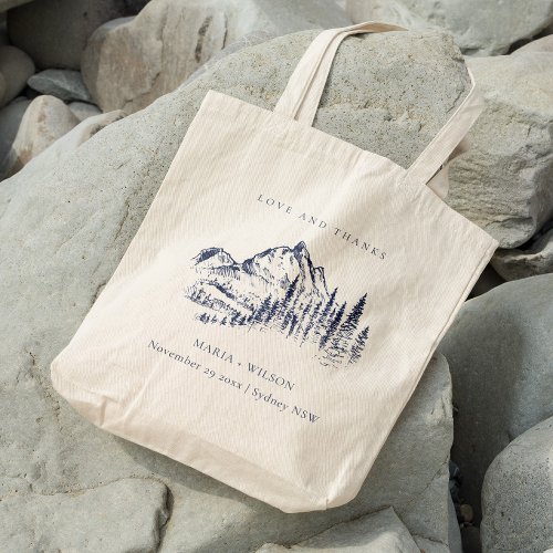 Rustic Navy Pine Woods Mountain Sketch Wedding Tote Bag