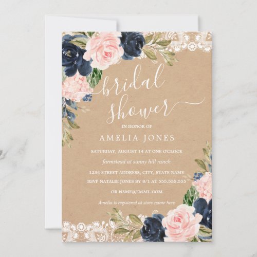 Rustic Navy Pink Floral Lace Bridal Shower Invitation