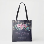 Rustic navy pink floral wedding maid of honor tote bag<br><div class="desc">Rustic elegant spring or summer wedding stylish bridesmaid / maid of honor / flower girl tote bag on dark midnight navy blue chalkboard featuring beautiful pink watercolor magnolias bouquets with mint green eucalyptus foliage and strings of twinkle lights. Personalize it with bridesmaid's name on the front and with bride's and...</div>