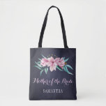 Rustic navy pink floral wedding mother of bride tote bag<br><div class="desc">Rustic elegant spring or summer wedding stylish bridesmaid / maid of honor / flower girl tote bag on dark midnight navy blue chalkboard featuring beautiful pink watercolor magnolias bouquets with mint green eucalyptus foliage. Personalize it with bridesmaid's name on the front and with bride's and groom's names and wedding date...</div>
