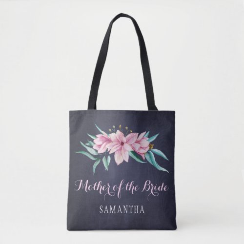 Rustic navy pink floral wedding mother of bride tote bag