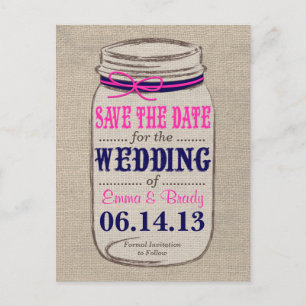 Rustic Navy & Pink & Mason Jar Save the Date Announcement Postcard