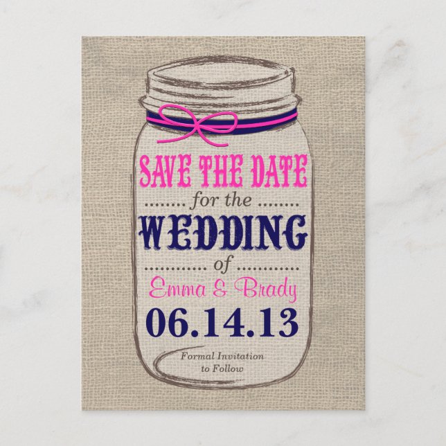 Rustic Navy & Pink & Mason Jar Save the Date Announcement Postcard (Front)