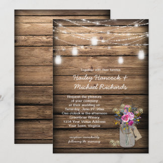 Rustic Navy Pink Wildflowers Mason Jar Wedding Invitation