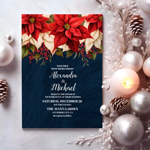 Rustic Navy Poinsettia Floral Christmas Wedding Invitation