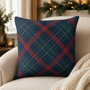 Rustic Navy Red Green Diagonal Plaid Christmas Throw Pillow
