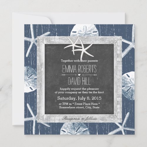 Rustic Navy Seashells Wood Framed Starfish Wedding Invitation