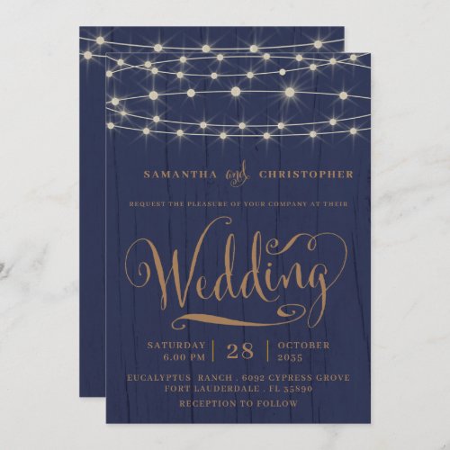 Rustic Navy String Lights All in One Wedding Invitation