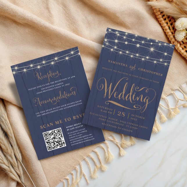 Rustic Navy String Lights All in One Wedding Invitation (Creator Uploaded)