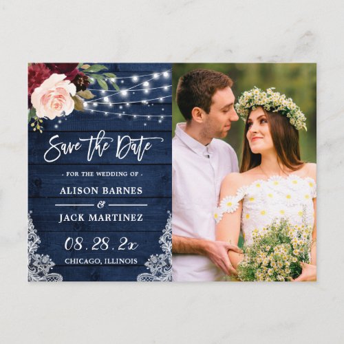 Rustic Navy String Lights Photo Save the Date Postcard