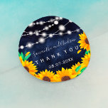 Rustic navy string lights sunflower Thank you Classic Round Sticker<br><div class="desc">Rustic navy blue watercolor cement,  string lights sunflowers wedding thank you with hand painted orange and green floral sunflowers arrangement on a vintage cement and an elegant calligraphy typography. Perfect for fall autumn weddings. Perfect for country ,  barn wedding themes.</div>