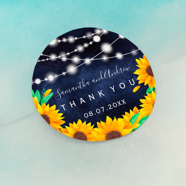 Rustic navy string lights sunflower Thank you Classic Round Sticker ...