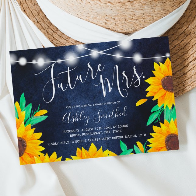 Rustic navy string lights sunflowers bridal shower invitation