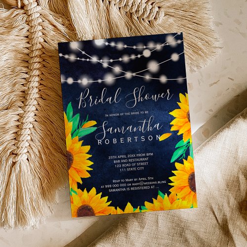 Rustic navy string lights sunflowers bridal shower invitation