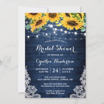 Rustic Navy String Lights Sunflowers Bridal Shower Invitation by CardHunter at Zazzle