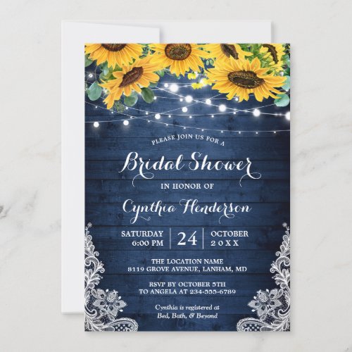 Rustic Navy String Lights Sunflowers Bridal Shower Invitation